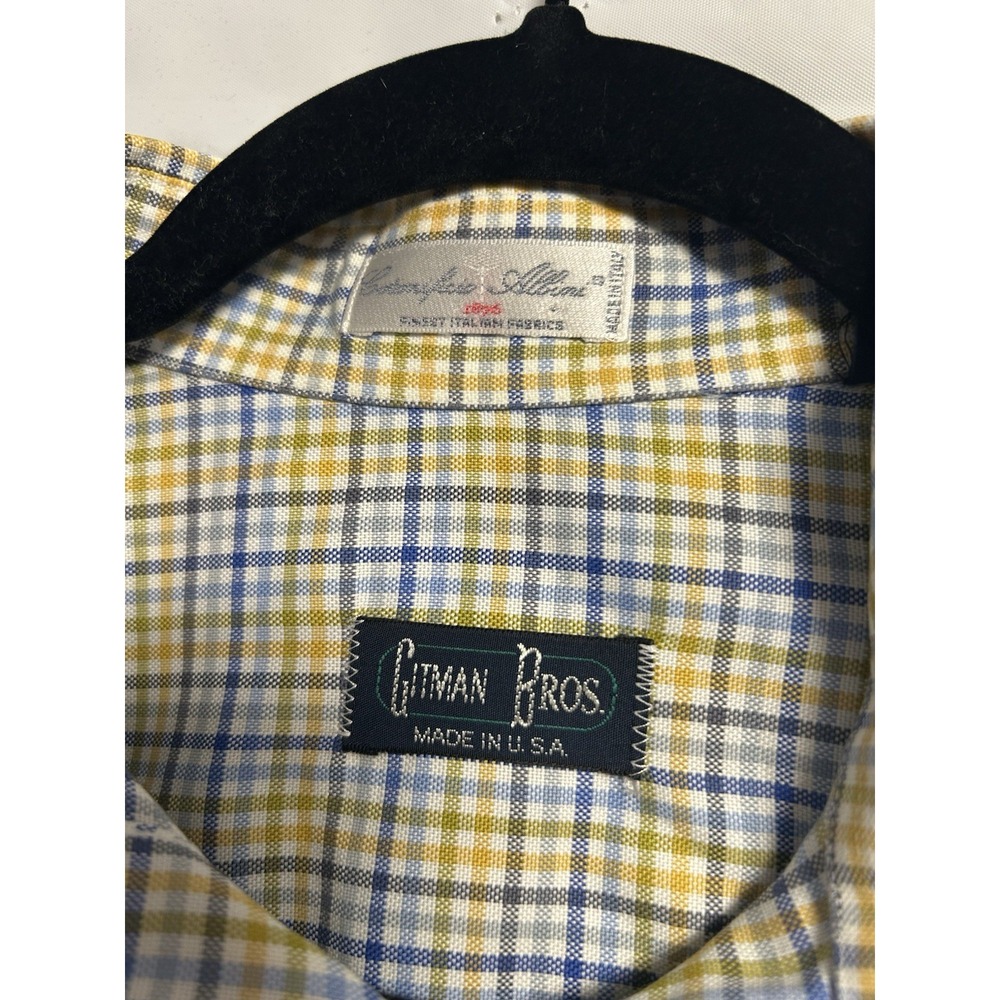 Vintage Gitman Bros Shirt Men's Medium Yellow Blue Check Button Up Cotton Italy - Picture 3 of 5